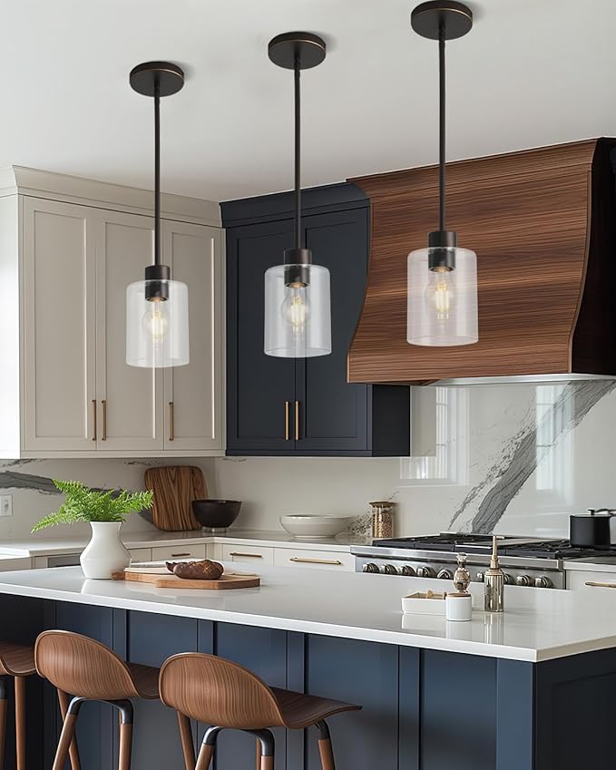 2 Pack Brown and Gold Pendant Lights for Kitchen Island, Modern Brown Hanging Light with Clear Glass Shade, Adjustable Metal Rod Pendant Lighting for Dining Room, Bar, Living Room