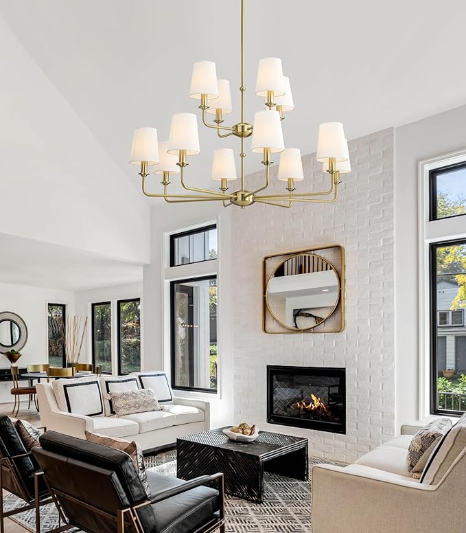 12-Light Brushed Gold Chandelier, E12 Bulb Compatible, White Fabric Shades, Adjustable Rod, Farmhouse & Industrial Style Ceiling Light for Living Room Dining Room Bedroom