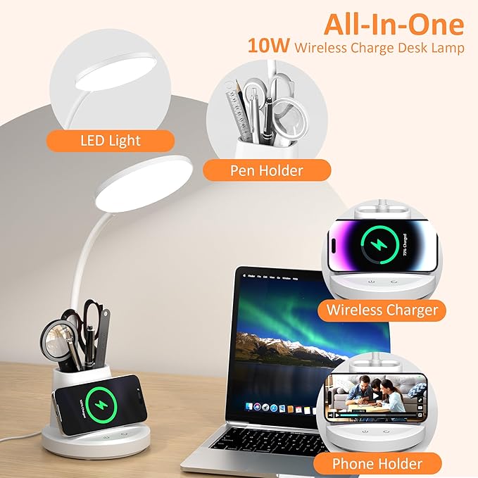 Desk Lamp for Home Office, LED Desk Lamp with Wireless Charger Pen Phone Holder, Dimmable Desk Light 3 Color Modes, College Dorm Study Lamp for College Dorm, CRI 90 800 Lumen