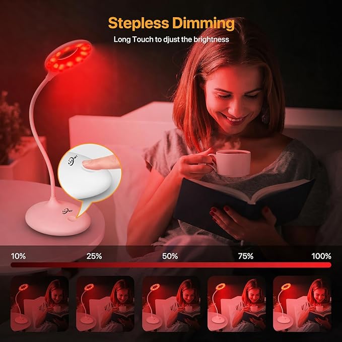 Rechargeable Desk Lamp, 3 Color Modes with Red Light Therapy & Eye Protection Orange Light, Stepless Dimming Touch Control, No Blue Light, Portable Cordless Reading Lamp for Bedroom Office Students