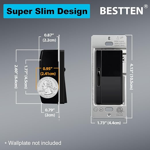 BESTTEN 6 Pack Super Slim Slide Dimmer Light Switch, Single Pole or 3 Way Dimmer Switches, Compatible with LED Dimmable Lamp, CFL, Incandescent, Halogen Bulb, Black, ETL Listed