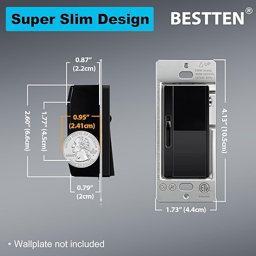 BESTTEN 12 Pack Super Slim Slide Dimmer Light Switch, Single Pole or 3 Way Dimmer Switches, Compatible with LED Dimmable Lamp, CFL, Incandescent, Halogen Bulb, ETL Listed, Black