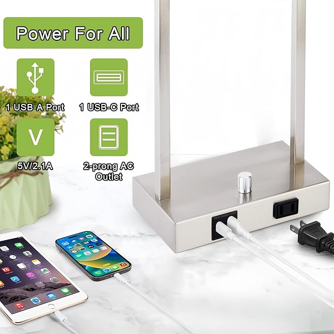 16" Desk Lamps for Home Office, Bedside Lamps with USB C+A Ports and Outlet, Nickel Fully Stepless Dimmable Industrial Table Lamps with Seeded Glass Shade for Reading Living Room, LED Bulbs Included