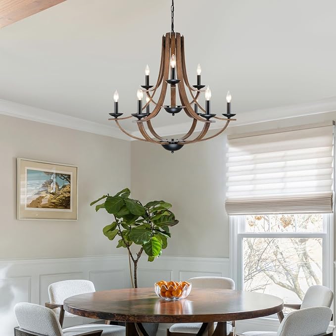 LAMPKEDUO Farmhouse Chandeliers for Dining Room Light Fixture, 2 Tier 9-Light 31" Black with Faux Wood Texture Rustic Adjustable Height Chandelier for Living Room Bedroom Foyer Entryway