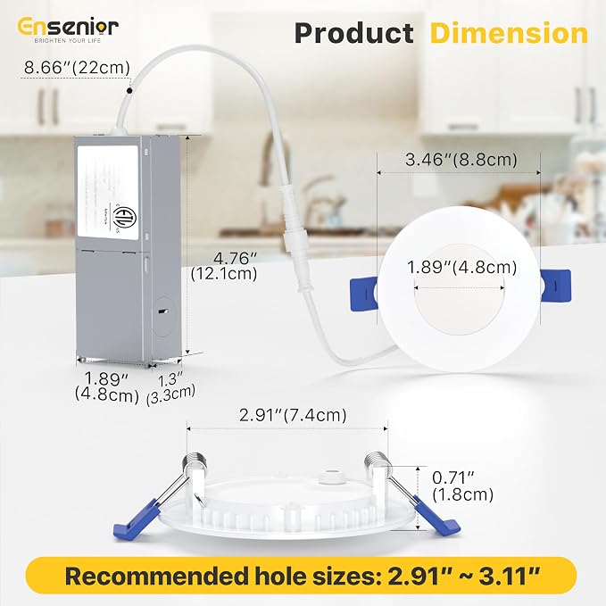 Ensenior 4 Pack 3 Inch LED Recessed Light, Dimmable, 2700K-5000K 5CCT, 500LM High Brightness, 6W 120V, Damp Rated, Ultra-Thin Canless Wafer Light - ETL & FCC & IC