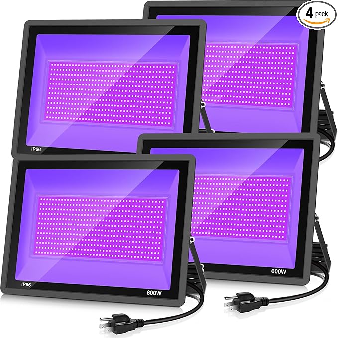 YANYCN 600W 4 Pack LED Black Light,395nm to 405nm LED UV Blacklight, IP66 Waterproof Black Flood Light Outdoor with Plug and SwitchNeon Glow for Glow Party, Halloween, Fluorescent Poster, Body Paint