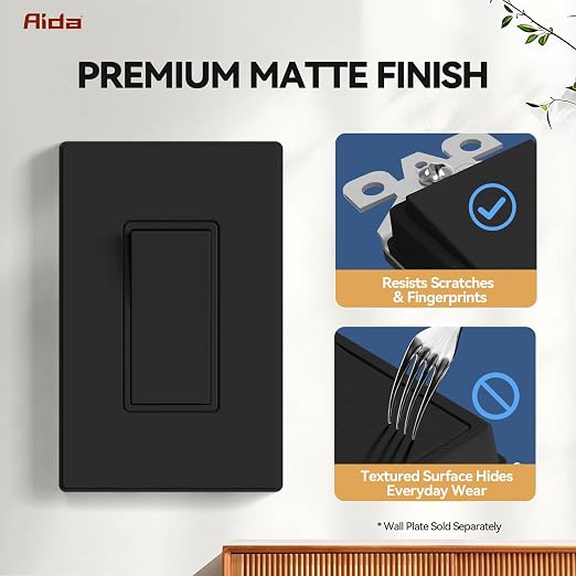 AIDA 20 Pack 3 Way Decorative Light Switch, 15Amp, 120/277 Volt, AC Decorator Rocker Paddle Wall Switch Replacement, UL Listed - Residential and Commercial Grade,Matte Black