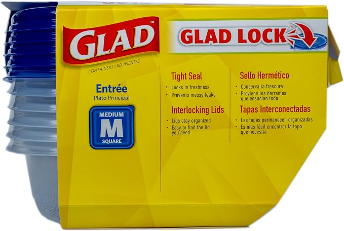 Glad GladWare Entree Food Storage Containers with Lids, Medium Square BPA Free Plastic for Meal Prep and Lunches, Lock Tight Seal, Microwave and Dishwasher Safe, 25 Oz, 5 Count