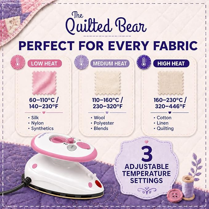 The Quilted Bear Premium Mini Steam Iron - Lightweight Mini Travel Iron for Effortless Quilting & Wrinkle-Free Clothes with Carry Case & Iron Rest Set - Travel Steamer for Clothes & Crafts (Pink)