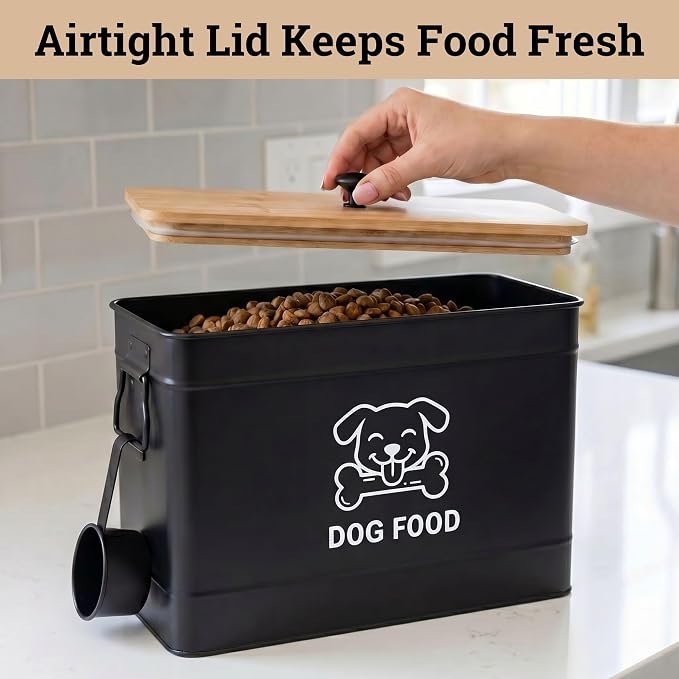 Dog Food Container Airtight 15 lb (50 Cup) Capacity with Metal Scoop - Cute Airtight Dog Food Storage Container with Bamboo Lid - Black Metal Kibble Storage Bin for Dogs up to 100 lbs - Big Pet Jar