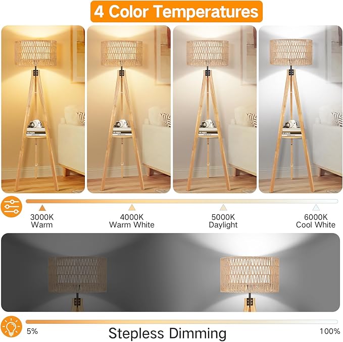 OUTON Boho Rattan Tripod Floor Lamp with Shelves, Remote Control, Dimmable Mid Century Modern Standing Lamp 58.5" for Bedroom, Living Room & Office, Lamp Shade Includes E26 9W Bulb, Wood