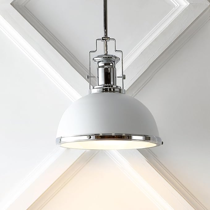 JONATHAN Y 13" Chrome/White Modern Industrial Iron LED Dome Pendant Light, Adjustable Hanging Fixture for Kitchen Island or Entryway, White Metal Shade, LED Bulb Included (JYL9536C)