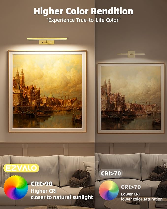 EZVALO Picture Light for Wall, 4800mAh Rechargeable Wireless Remote, 13‘’ Dimmable Magnetic LED Art Display Light with 3 Color Temperatures, for Gallery, Living Room, Bedroom, Hallway (Gold-2Pack)