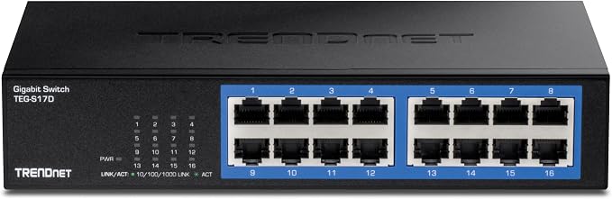 TRENDnet 16-Port Gigabit Desktop Switch, TEG-S17D, 16 x Gigabit RJ-45 Ports, 32Gbps Switching Capacity, Ethernet Splitter, NDAA & TAA Compliant, Internal Power Supply, Lifetime Protection, Black