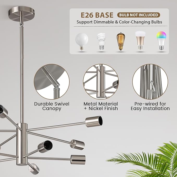 KAISITE Modern Chandelier Light Fixture Brushed Nickel Sputnik Chandelier 10-Light Farmhouse Chandelier for Dining Room Over Table Height Adjustable Kitchen Living Room Ceiling Hanging Light Fixture