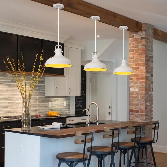 White Farmhouse Pendant Lights Matte Pendant Lighting for Kitchen Island Industrial Adjustable Height Vintage Dome Hanging Light Fixtures for Barn, Dining Room 3 Packs JF2113-P3-W