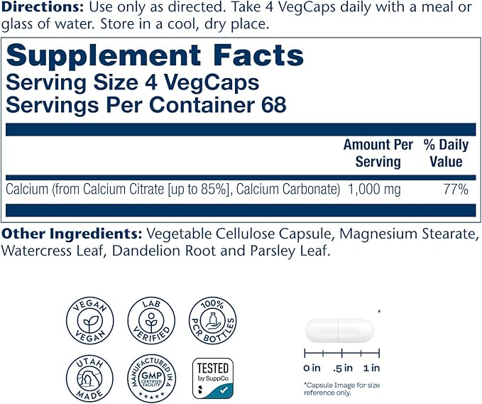 Solaray Calcium Citrate 1000mg - Chelated Calcium Supplement - Supports Bone Strength and Healthy Teeth - Easy to Digest - 60-Day Guarantee, Vegan - 68 Servings, 275 VegCaps