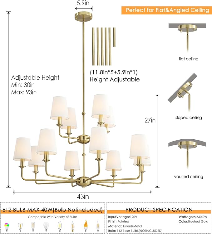 12-Light Brushed Gold Chandelier, E12 Bulb Compatible, White Fabric Shades, Adjustable Rod, Farmhouse & Industrial Style Ceiling Light for Living Room Dining Room Bedroom