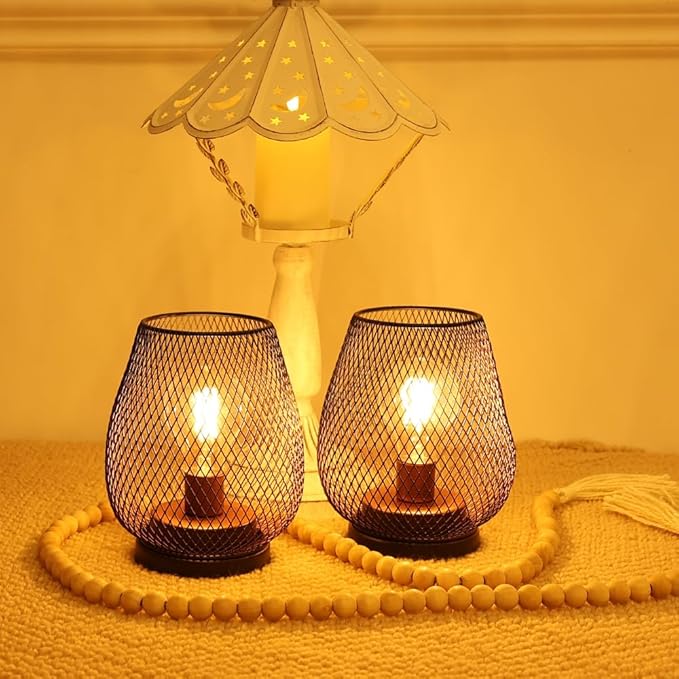 Set of 2 Rechargeable Lamp LED Table Lantern, Brown Metal Cage Cordless Lamps with LED Bulb，Vintage Decorative Outdoor Lantern for Weddings, Parties, Patio, Events for Indoors Shelf Decor