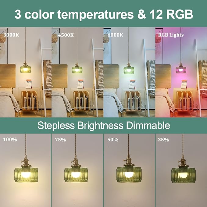 Shenmoyl Battery Operated Pendant Light 5000mAh Rechargeable Chandelier with Remote Control Wireless Adjustable Hanging Green Striped Light for Kitchen Island Dining Room Hallway