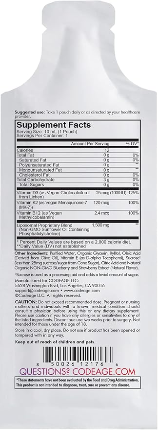 Sachets de supplément liquide de Vitamine D3 liposomale de Codeage, multivitamine liquide végétalienne Wonder-D Cholécalciférol, Vitamines K2 B12 à base de plantes, Phospholipides sans OGM, Vitamine E, Saveur de baies - 30 sachets