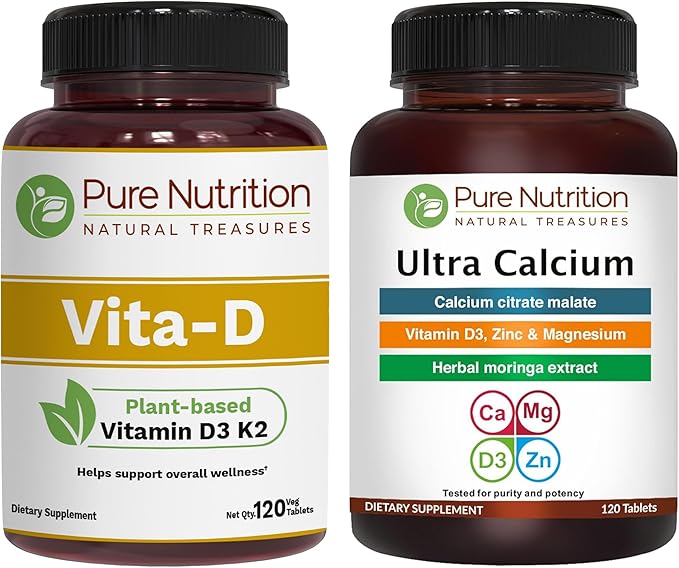 Pure Nutrition ビタミンD3 K2 + ウルトラカルシウム | 植物性D3（地衣類由来） | 120粒入り