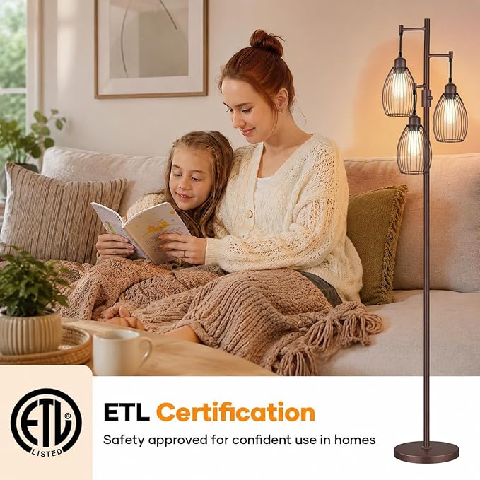 Nintiue Dimmable Floor Lamp,3x800LM LED Bulbs Included, Farmhouse Industrial Floor Lamp Standing Tree Lamp with Teardrop Cage Head Tall Lamp for Living Room Bedroom Office Dining Room - Matte Brown