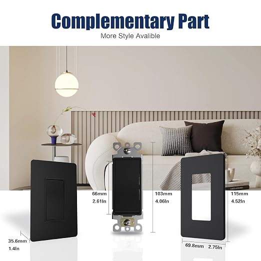 ThunderWay Matte Black 3 Way Decorative Light Switch with Plate, 15 A 120/277 V Rocker Paddle Wall Switch Replacement, Self-Grounding, Residential Grade, Wall Plate, UL Listed (10 Pack)
