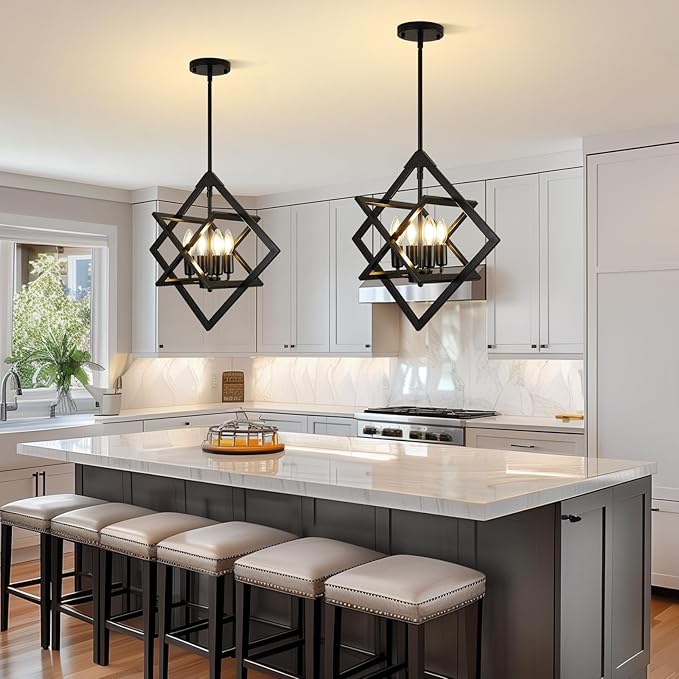 18" Modern Black Chandelier for Dining Room, No Assembly Required 4-Light Dining Room Light Fixture Over Table, Industrial Metal Hanging Pendant Lights Fixture for Kitchen Island, Entryway, Foyer