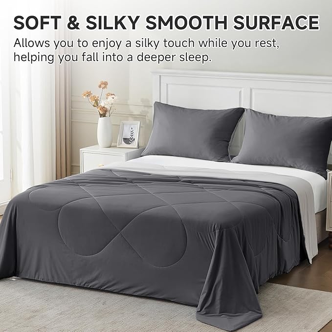 HOMFINE Cooling Comforter Japanese Double-Sided Cold Tech Fabric Cooling Blanket for Night Sweats Hot Sleepers, Q-Max 0.45 Soft Breathable Silky Smooth Lightweight Grey Summer Comforter Queen