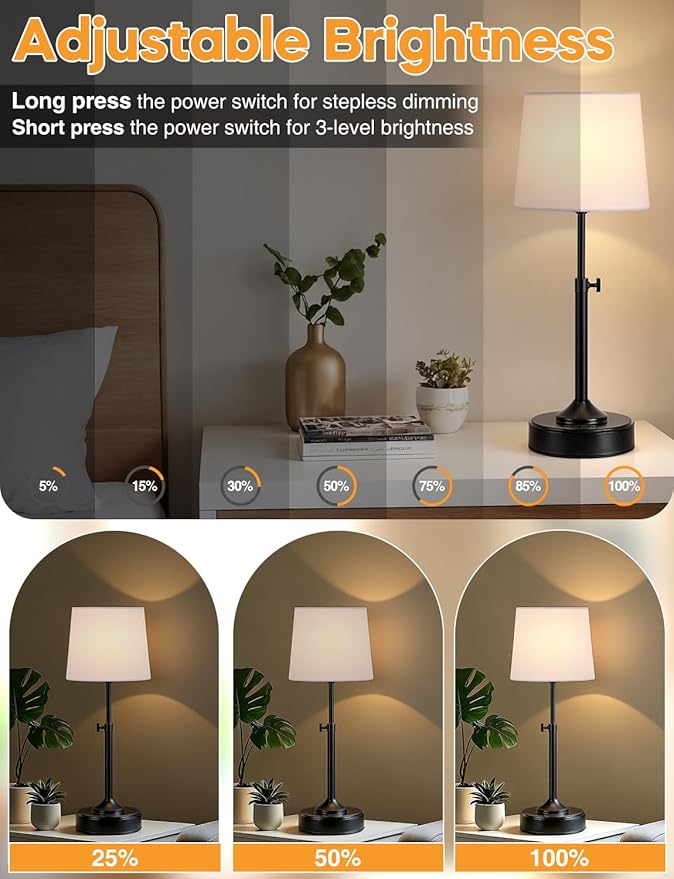 Height Adjustable Cordless Table Lamp Rechargeable with Timer, 3-Way & Stepless Dimmable LED Battery Operated Table Lamp, Wireless Battery Powered Lamp, Black Touch lamps for Nightstand Countertop