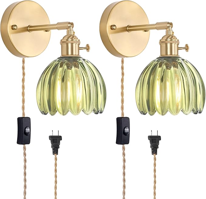 Shenmoyl Plug in Wall Sconce, Green Tulip Glass Lampshade Wall Light Plugin Corded for Bedside Bedroom Doorway, 2 Pack