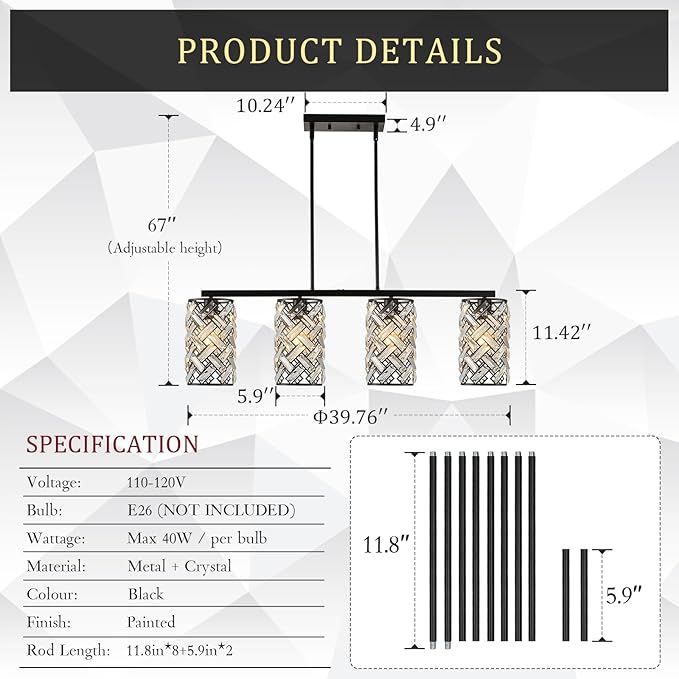 CATINER 40" Crystal Kitchen Island Lighting 4 Lights Modern Black Linear Chandelier Dining Room Light Fixture Over Table Luxury Ceiling Pendant Light Fixture