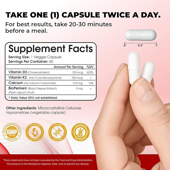 shrink Toning Supplément de Vitamine D3 + K2 – 125 mcg Vitamine D₃ & 100 mcg K₂ – Soutien Immunitaire & Osseux – Sans OGM, Sans Gluten – 60 Gélules