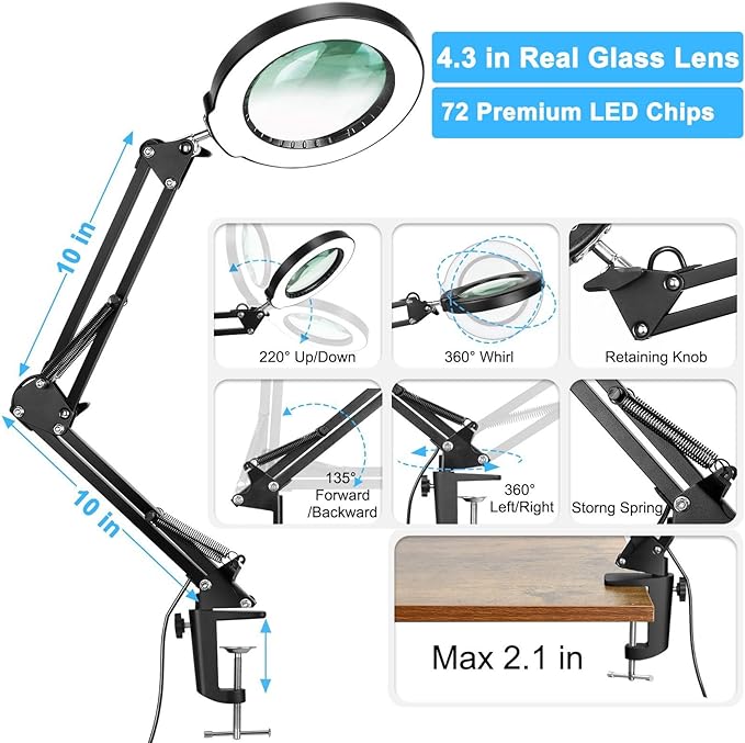 Coyeth 10X Magnifying Glass with Light and Clamp, Real Glass Stand Lighted Magnifier, 5 Color Modes Stepless Dimmable LED Desk Lamp Hands Free for Crafts Hobby Reading Painting Sewing Close Work