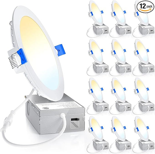 Ensenior 12 Pack 6 Inch LED Recessed Ceiling Light, Dimmable, 2700K-5000K 6CCT, 1050LM 12W 120V, High Brightness Canless Wafer Downlight - ETL&FCC&IC