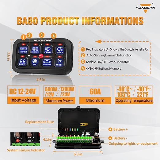 Auxbeam 8 Gang Switch Panel BA80, Universal Circuit Control Relay System Box with Automatic Dimmable On-Off LED Switch Pod Touch Switch Box for Car Pickup Truck Boat UTV ATV, Blue 3 Years Warranty