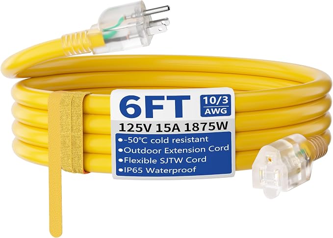 6ft Outdoor/Indoor Extension Cord with Lighted 10/3 Gauge Ultra 3 Prong Heavy Duty SJTW, Waterproof, Flexible Cold-Resistant,15A 125V 1875W, Yellow