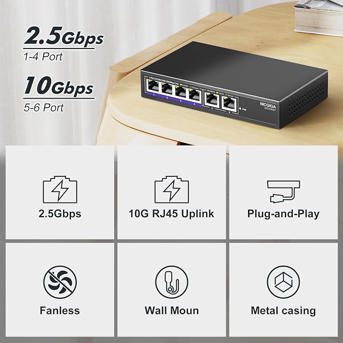10Gbe Ethernet Switch Unmanaged with 2 x 10Gb RJ45 Ports + 4 x 2.5Gb Base-T Ports, Desktop/Wall Mount NICGIGA 6 Port 10Gbps Network Switch for Wireless AP, NAS, PC