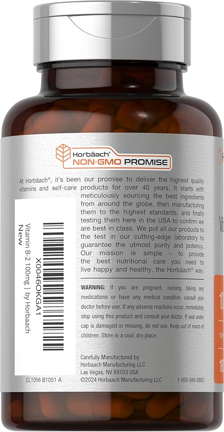 Horbäach Vitamine B2 100 mg | 180 Capsules | Supplément de Riboflavine | Sans OGM et Sans Gluten