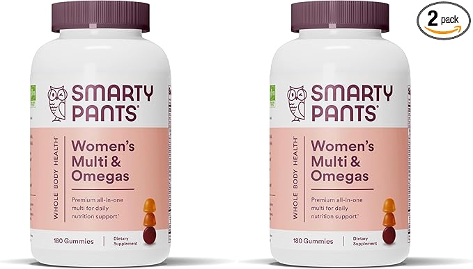 Gummies multivitaminées pour femmes SmartyPants : Huile de poisson Oméga 3 (EPA/DHA), Méthylfolate, CoQ10, Vitamine D3, C, Vitamine B12, B6, A, K & Zinc, Inositol, Sans gluten, (Pour 30 jours), 180 gommes (Lot de 2)