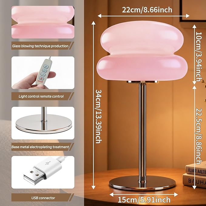 Bedroom Mushroom lamp, Medieval Modern Bedside Table lamp, dimmable Retro Egg Tart Headlight, Unique Home Mushroom Decoration Aesthetic Lovely Living Room Desk lamp (Pink)