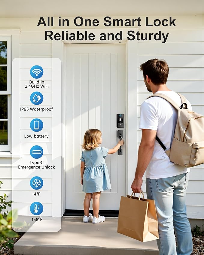 WiFi Smart Lock for Front Door, Built-in WiFi Deadbolt with Fingerprint & Keypad, Remote Unlock, Temporary Guest Codes, Auto Lock, Alexa Compatible, No Hub Required