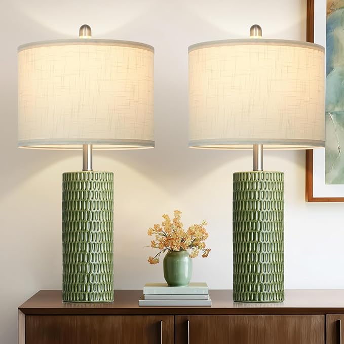 Cinyirong Modern Ceramic Table Lamps for Night Stands - Bedside Lamps Set of 2 for Nightstand, 27" Green Elegant Bedroom Lamp for Night Stand Desk Side End Table Home Decor(2 Bulbs Included)