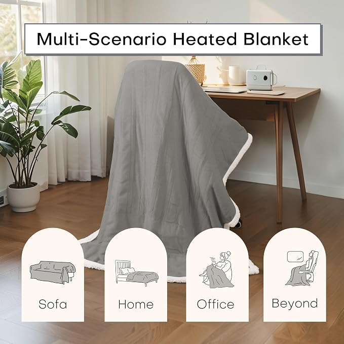 Electric Heated Blanket 62"x84" Twin Size for Safe All Night Rest, Dual-Sided Microplush Sherpa for Bedroom Couch Use, 4 Heat Settings & 10 Hours Auto Off Energy Saving, Machine Washable - Light Gray