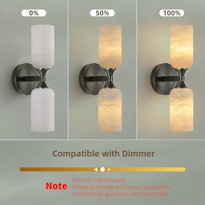 Alabaster Wall Sconce, Solid Brass Bronze Finish Sconce with Natural Spanish Alabaster, 14.4 in Bathroom Vanity Lights, Hardwired Wall Lamp for Bedroom Hallway Staircase, G9 LED Bulb
