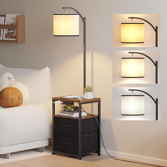 SUNMORY Floor Lamp with Table & 2 Drawers, Lamp with USB Port and Outlet, Nightstand with 3 Color Temperature Led Bulb Included, Floor Lamps for Living Room, Bedroom and Home Office, Rustic Brown
