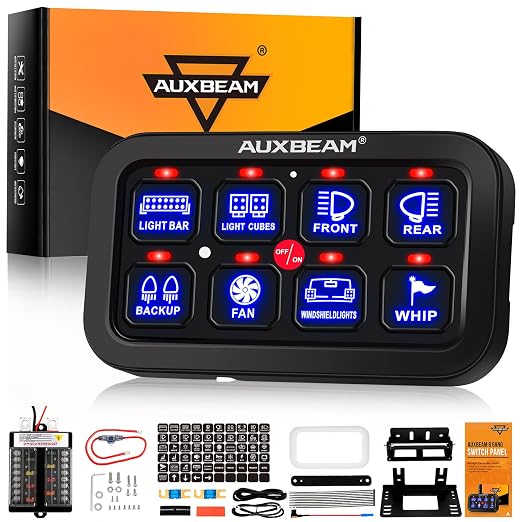 Auxbeam 8 Gang Switch Panel BB80, Universal Circuit Control Relay System Box with Automatic Dimmable On-Off LED Switch Pod Touch Switch Box for Car Pickup Truck Boat ATV UTV, Blue 3 Years Warranty