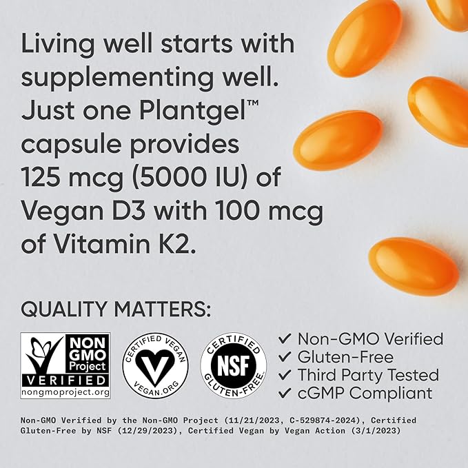 Sports Research® Vitamine D3 + K2 avec huile de noix de coco - Vitamine D végétalienne 5000 UI (125 mcg) et vitamine K MK7 100 mcg pour le soutien osseux et immunitaire - Certifié végétalien · Sans OGM · Sans soja - 30 gélules molles