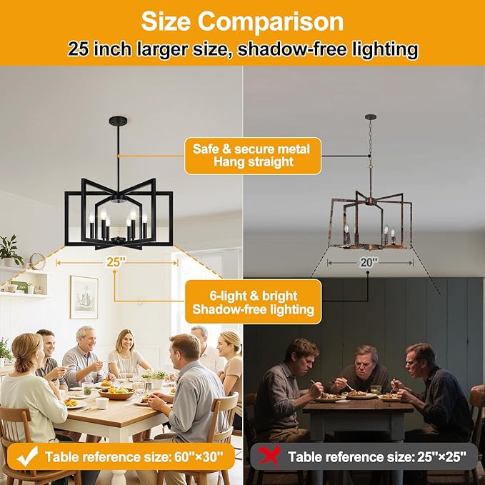 25"-61" Height Adjustable Modern Matte Black Chandelier for Dining Room, No Assembly Required Black Dining Room Light Fixture Over Table, Industrial Metal Pendant Lights Fixture for Kitchen Island